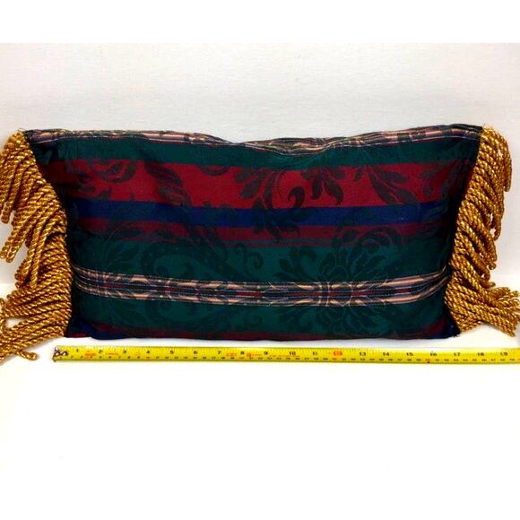 Vintage Rectangle Tapestry Pillow Heavy Gold Fringed Edge Scrolls and Stripes - Picture 4 of 8